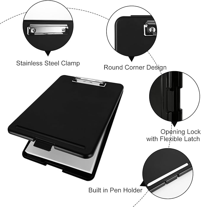 6PCS Black Clipboard with Storage, 8.5x11 Plastic Clip Boards with Storage Nursing Clipboard Case with Pen Holder Low Profile Clip Clipboards Binder Folder for Teachers Work School Office