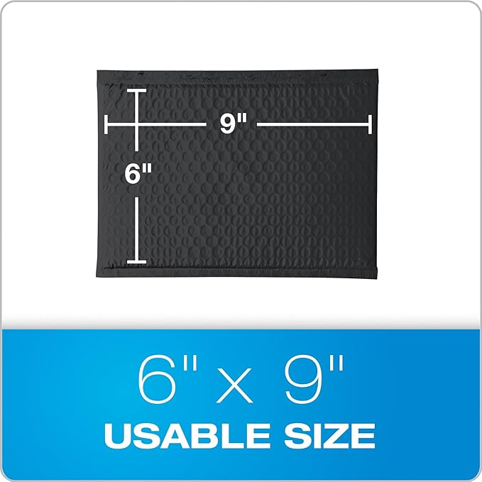 Quality Park Bubble Mailers, 6 x 9, Black Poly Mailers, Padded Envelopes, Shipping Bags, Water Resistant, Self Seal, 50 Per Box (1002351)
