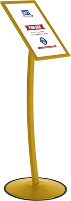 M&T Displays Simplistic Curved Menu Board 11x17 inch Gold Pedestal Sign Holder Floor Standing Aluminum Front Loading Easy Open Poster Advertisement Sign Holder for Restaurant Cafe Hotel