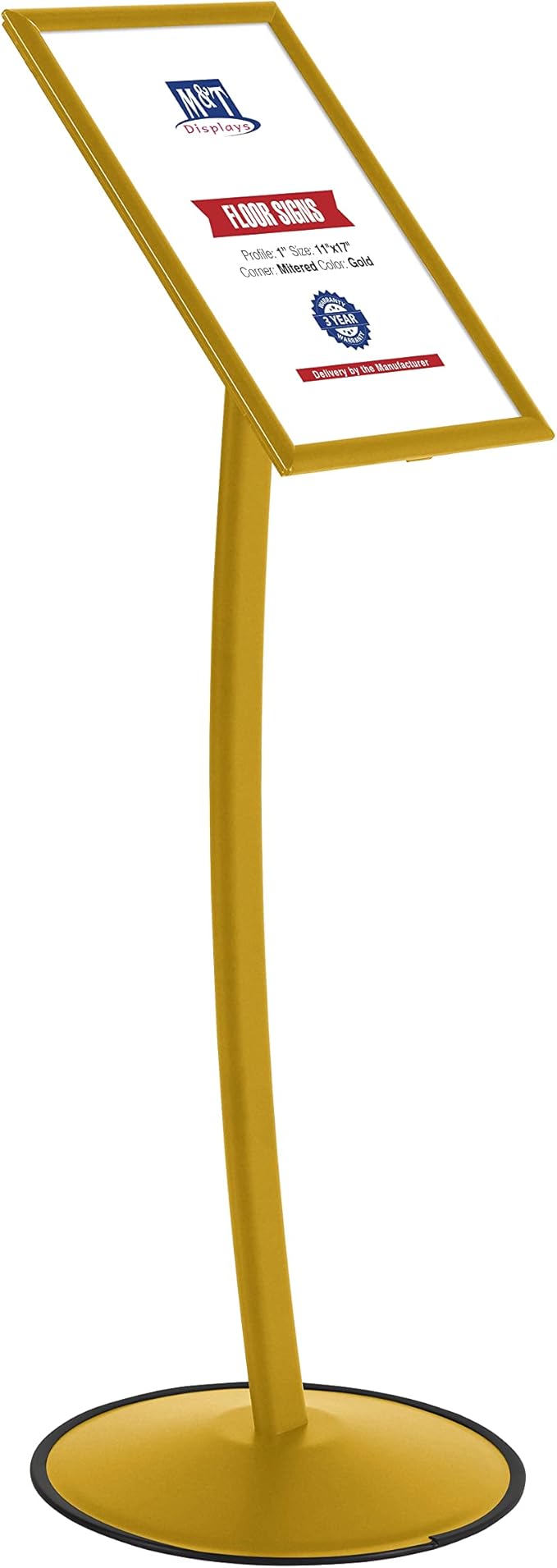 M&T Displays Simplistic Curved Menu Board 11x17 inch Gold Pedestal Sign Holder Floor Standing Aluminum Front Loading Easy Open Poster Advertisement Sign Holder for Restaurant Cafe Hotel