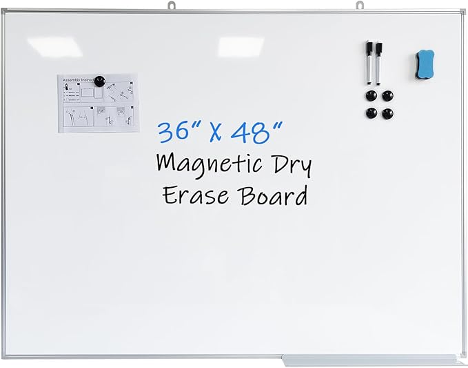 Dry Erase Board Magnetic Whiteboard 48"x 36" White Board Wall Mounted Aluminum Frame Hanging Whiteboard for Home, School, Office, Kitchen