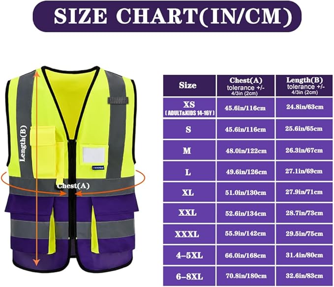 6XL 8XLHigh Visibility REFLECTIVE Safety Vest with 4 Reflective Strips 7 Pockets Yellow&Purple