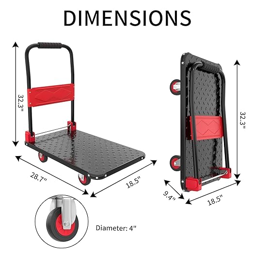 Foldable Platform Push Cart Dolly – 330lbs Heavy Duty Flat Bed Cart with 360° TPR Mute Wheels & Anti-Collision Strips, Easy Maneuver for Household Tasks & Moving, Black Red