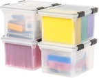 IRIS USA File Box WeatherPro File Organizer Plastic File Box for Letter/Legal File, Water Resistant Document Box, Durable Lid, Seal w/Secure Latching Buckles, Stackable, Nestable, Clear 32 Qt. 4Pack