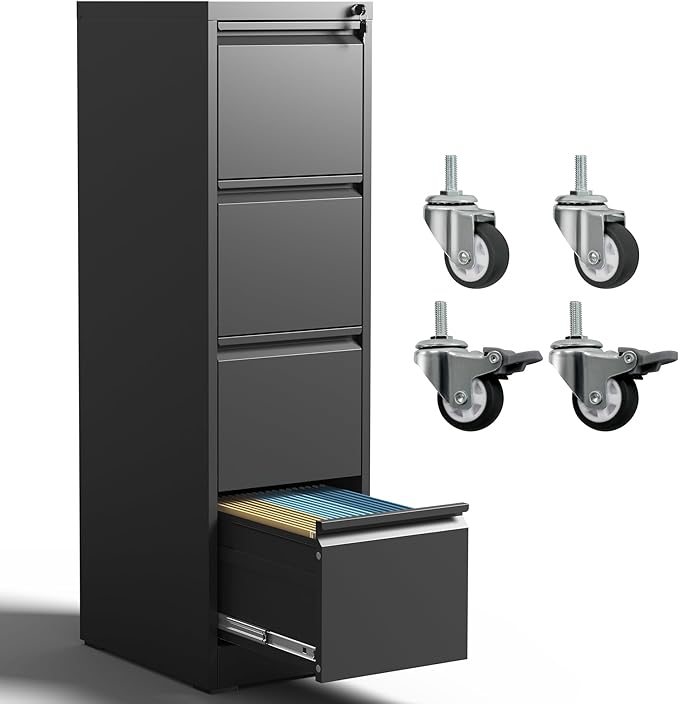 4 Drawer File Cabinet with Wheels,Metal Mobile Filing Cabinets with Lock,Black Rolling File Cabinet for Home Office,Heavy Duty Storage Cabinet for A4/Letter/Legal Size File,Assembly Required