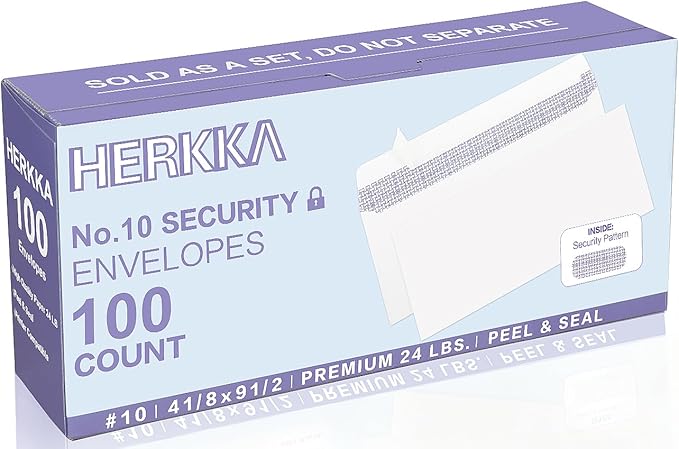 HERKKA #10 Security Self-Seal Envelopes, No.10 Windowless Bussiness Envelopes, Security Tinted with Printer Friendly Design - Size 4-1/8 x 9-1/2 Inch - White - 24 LB - 100 Pack