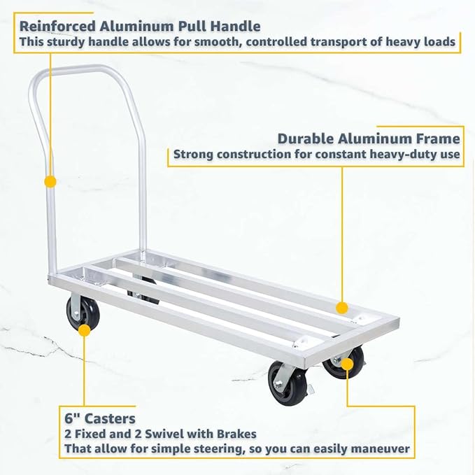 20" x 48" Mobile Aluminum Dunnage Rack - 1600 lb. Capacity with Handle, Heavy-Duty Rolling Platform Truck, NSF Storage Rack with Casters for Commercial Kitchen, Warehouse, Food Service