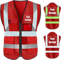 YOWESHOP High Visibility Safety Vest Custom Your Logo Protective Workwear 5 Pockets With Reflective Strips Outdoor Work Vest (M, Red Luminous)