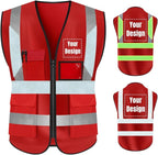 YOWESHOP High Visibility Safety Vest Custom Your Logo Protective Workwear 5 Pockets With Reflective Strips Outdoor Work Vest (M, Red Luminous)