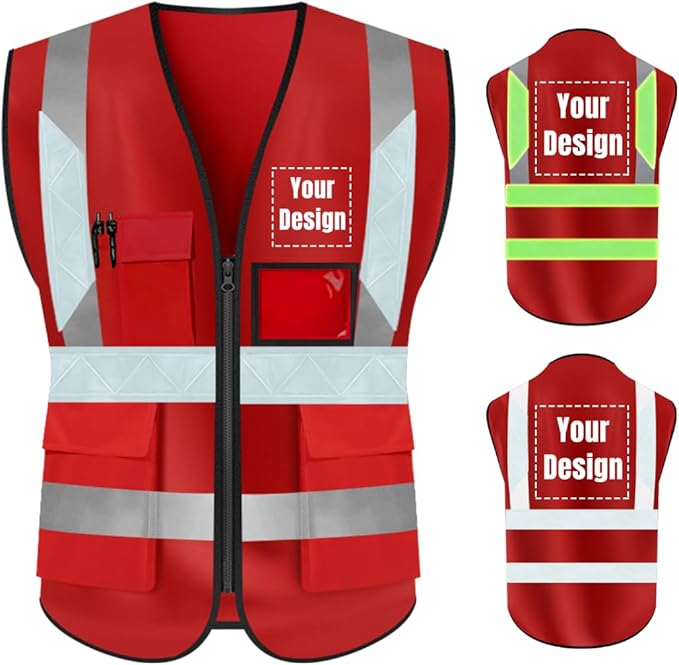 YOWESHOP High Visibility Safety Vest Custom Your Logo Protective Workwear 5 Pockets With Reflective Strips Outdoor Work Vest (S, Red Luminous)