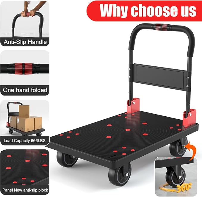 WUD Heavy-Duty Folding Platform Cart – Reinforced 35.4″ × 23.6″, 1323 lb Capacity, 360° Swivel Wheels, Black