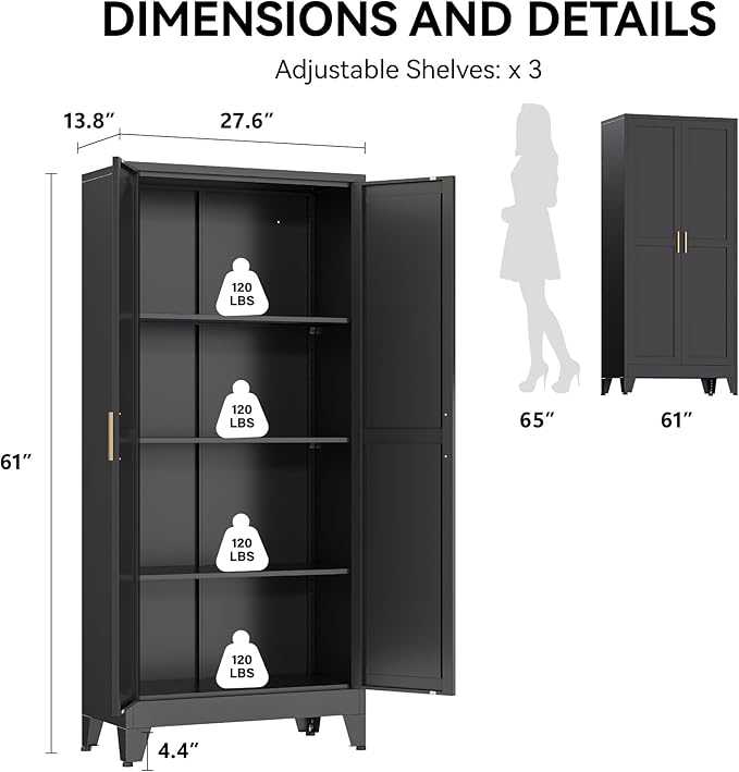 COFaR 61" Tall Pantry Cabinet in Black, Modern Storage Cabinet with Adjustable Shelves, Sturdy Metal Cupboard for Kitchen, Office, Living Room & Bathroom Organization