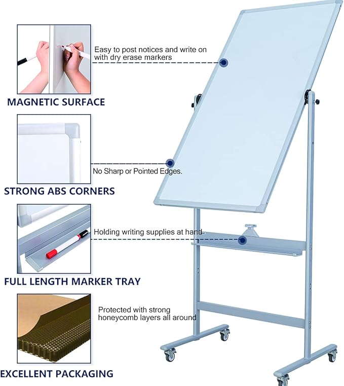 Double-Sided 40" x 28" Mobile Whiteboard with Wheels | Rolling Magnetic Dry Erase Board on Stand | Adjustable Height Silver Frame White Board for Office, Classroom & Home