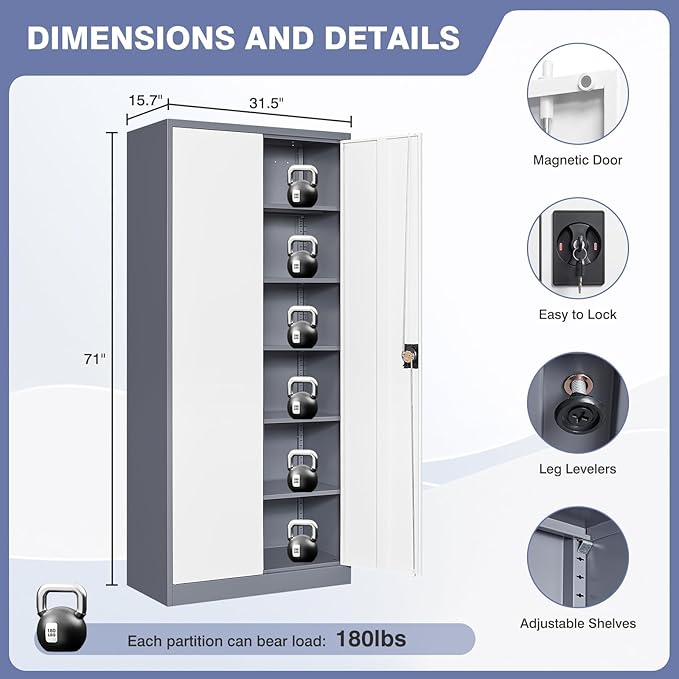 Metal Tool Storage Cabinet,Lockable File Cabinet with 2 Doors and 5 Adjustbale Shelves,Tall Cabinets for Garage Storage Systems for Home Office,Garage,Workshop