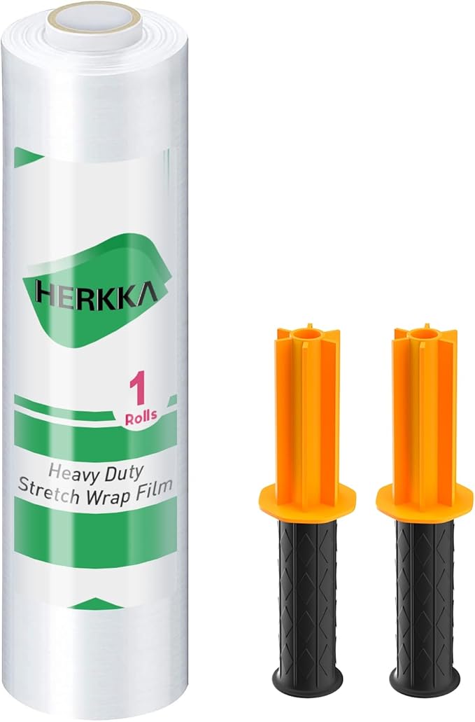 Stretch Film, HERKKA Stretch Wrap with Handles Industrial Strength, Moving Wrapping Plastic Roll, Shrink Wrap for Pallet Wrap, 15" x 1000 Feet, 1 Pack, 60 Gauge