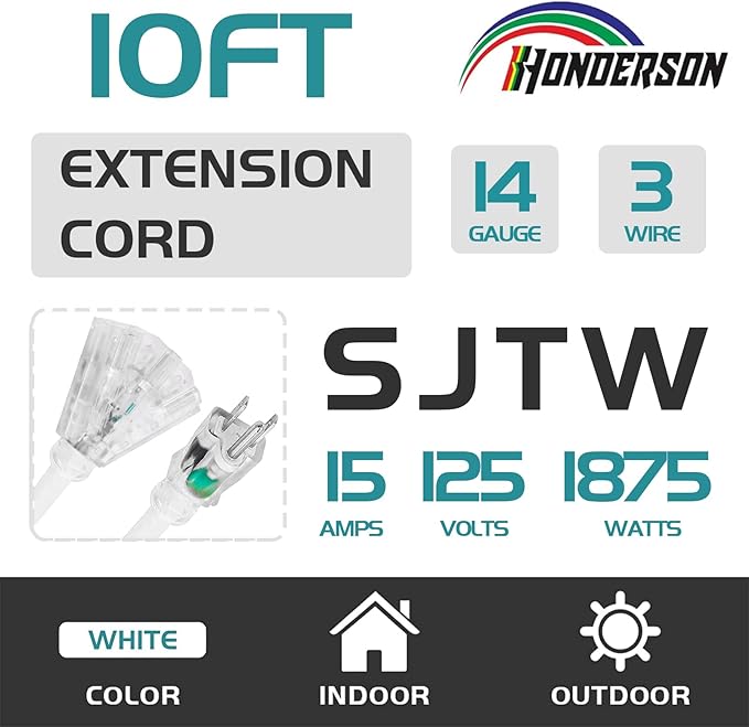 3-Outlets Indoor Outdoor Extension Cord Weatherproof with Lighted End, UL Listed, 14 Gauge 10FT White 3 Prong Heavy Duty, 14/3 SJTW 15A Power Cord