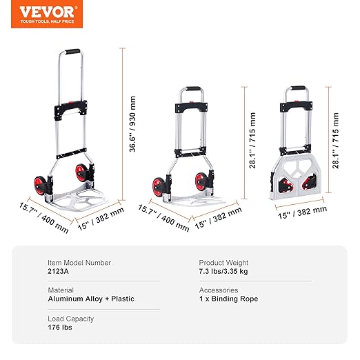 VEVOR Folding Hand Truck, 80 kg Load Capacity, Aluminum Portable Cart, Convertible Hand Truck and Dolly with Telescoping Handle and Rubber Wheels, Ultra Lightweight Super Strong for Moving Warehouse