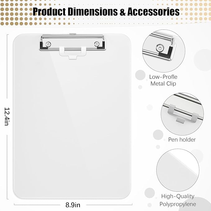 Hongri Plastic Clipboard with Pen Holder, White 8.5x11 Letter Size Clip Board for Classroom, Office, Students, Nurses and Women, Low Profile Clip, Size 12.5 x 9 in(Pack of 2)
