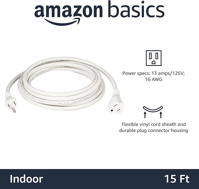 Amazon Basics Extension Cord, 15 Ft, 3 Prong Outlet Extender, Indoor Extension Cord, 13 Amps, 125V, White