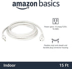Amazon Basics Extension Cord, 15 Ft, 3 Prong Outlet Extender, Indoor Extension Cord, 13 Amps, 125V, White