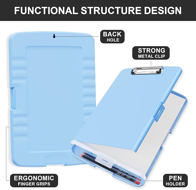 Plastic Clipboard with Storage, 8.5 x 11 Storage Organization Box Side-Opening, Heavy Duty Clip Board with Pen Holder and Paper Folder for Nurses, Teachers, Office & School Supply, Dark Blue