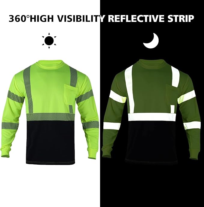 FONIRRA Safety Shirts for Men High Visibility Reflective ANSI Class 2 Hi Vis Construction Work T Shirts Long Sleeve