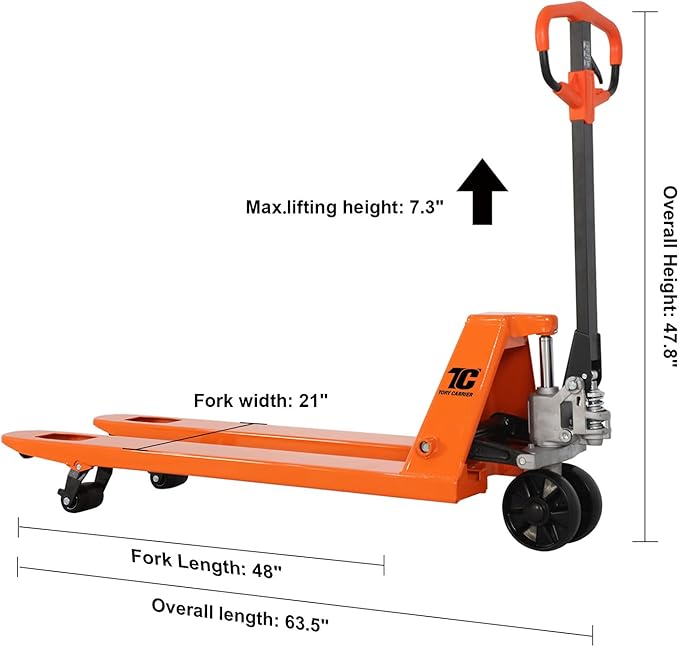 T Tory Carrier Pallet Jack, 5500 Lb. Capacity 21 x 48 Forks Mannual Pallet Truck, Hand Trucks with Replacement Load Wheels