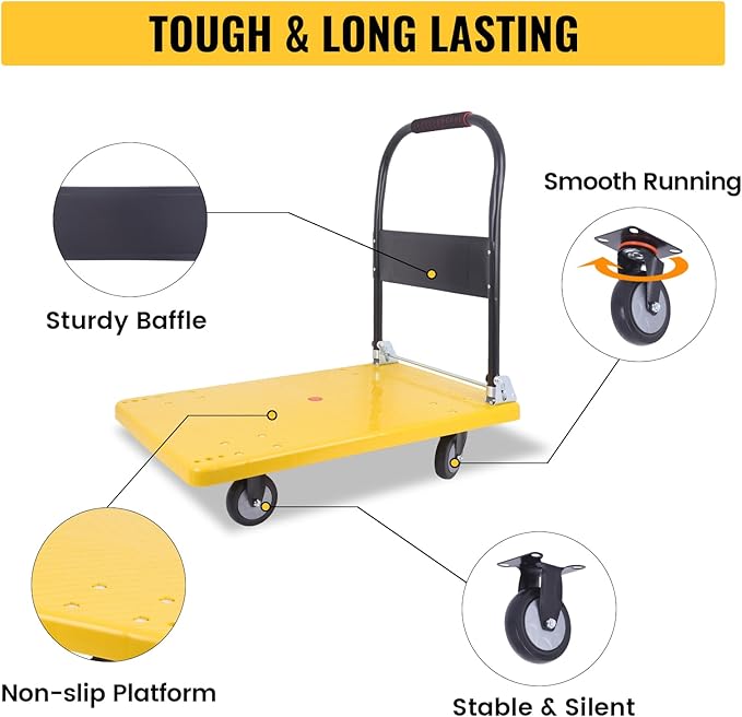 Hand Cart 660 lbs, Push Cart Dolly Yellow, Capacity Platform Truck Foldable Platform Upgraded Heavy Duty Moving Cart with PU Wheels for Home Garden Warehouse Garage Workshops