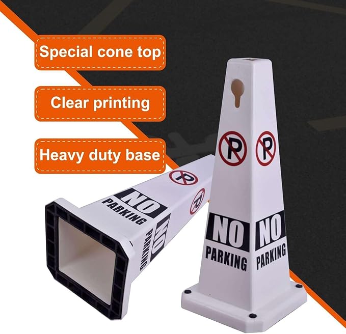 No Parking Sign, 26.4-Inch Traffic Safety Cone, White Plastic, High-Visibility, Weatherproof, Slip-Resistant Base, Stackable, Indoor Outdoor Use-4Pack