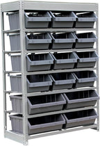King's Rack Bin Rack Storage System Heavy Duty Steel Rack Organizer Shelving Unit w/ 16 Plastic Bins in 6 tiers