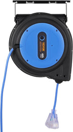 VEVOR 65FT Retractable Extension Cord Reel, 12AWG/3C SJTOW Heavy Duty Power Cord w/Lighted Electrical Triple Tap Outlets, 15A Circuit Breaker,180° Swivel Bracket for Workshop or Garage, Blue