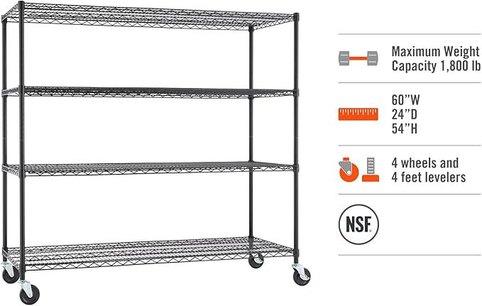 Trinity Basics 4-Tier Adjustable Wire Shelving with Wheels for Kitchen Organization, Garage Storage, Laundry Room, NSF Certified, 600 to 1800 Pound Capacity, 60” by 24” by 54”, Black