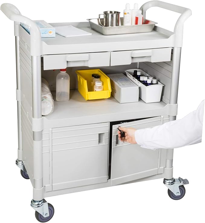 JaboEquip, Larger 3 Shelf Heavy Duty Lockable Hospital cart Medical cart, Utility Cart 606 lbs for Medical, L34.43xD19.69 inch, Off-White (Light Grey) Color