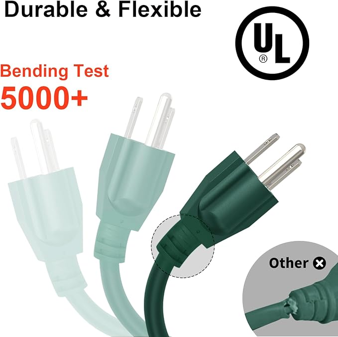Outdoor Extension Cord Waterproof 50 FT, Green 14/3 SJTW Heavy Duty, Flexible 100% Copper 3 Prong Extension Cord for Lawn, Garage,UL Listed