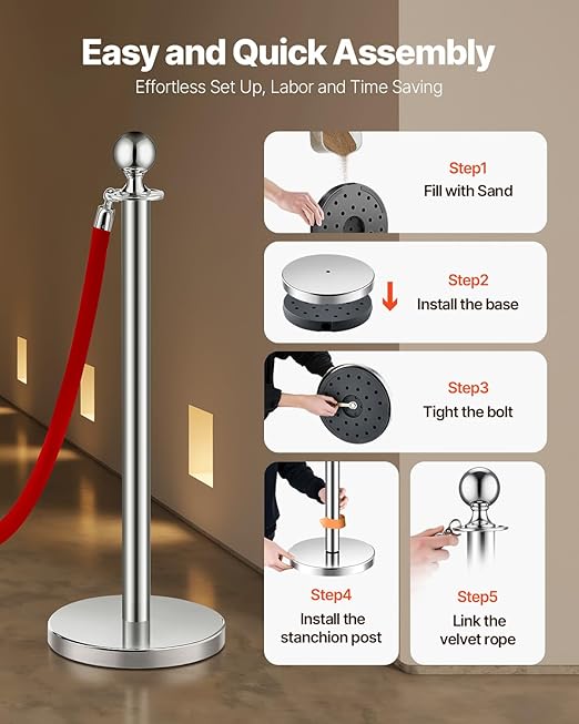 VEVOR Stanchions and Velvet Ropes 8Pcs, Hollow Base with Stainless Steel Post, 4 Red Velvet Ropes and Posts, Crowd Control Barriers Silver Stanchions, Red Carpet Runner Poles for Party Supplies