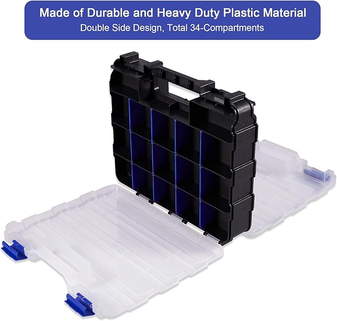 Hardware Organizer Box 34 Compartments Small Parts Organizer with Removable Dividers Durable Plastic Double Side Tools Box Screw Organizers For Nuts, Bolts, Screws, Nails 2Pack