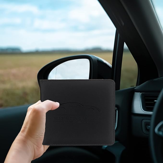 Car Registration and Insurance Holder, Premium Pu Leather Vehicle Glove Box Organizer - for Driver License, Cards & Essential Documents (S-Black)