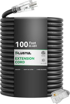 PLUGTUL 10 Gauge Extension Cord 100FT, Black Outdoor Extension Cord with Lighted End, Heavy Duty,15A 1875W SJTW, ETL Listed