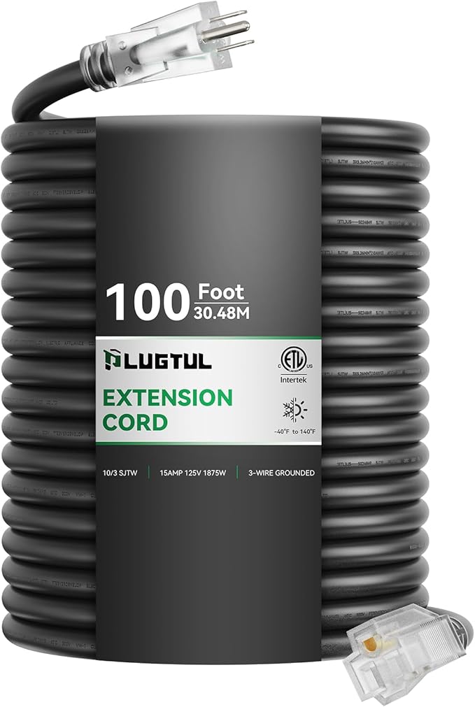 PLUGTUL 10 Gauge Extension Cord 100FT, Black Outdoor Extension Cord with Lighted End, Heavy Duty,15A 1875W SJTW, ETL Listed