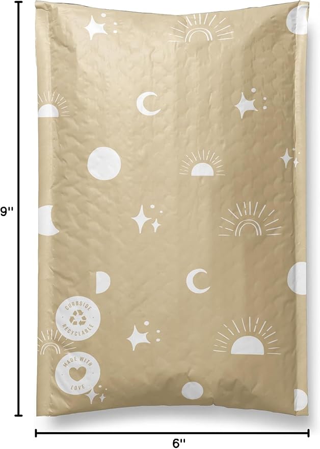Paper Bubble Mailers 6x9-25 Pack Biodegradable Shipping Bags for Stationery and Small Accessories - Impack Self-Seal Eco Friendly Thick Mailing Envelope for Small Items - Celestial Tan