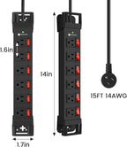 Heavy Duty Power Strip,6 Outlets Metal Power Strip with Individual Switch & Cord Management,Mountable Surge Protector 1200J,15FT Extension Cord(Black,15 FT)