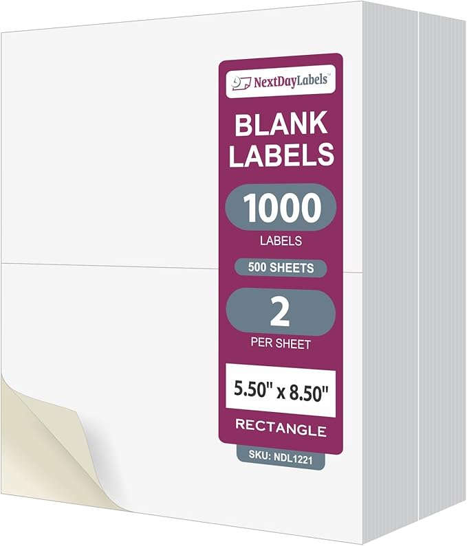 NextDayLabels – 8-1/2" x 5-1/2" Rectangular Sticker Labels for Printer - White Laser/Inkjet Printer Labels Return Address Labels Shipping Label Stickers (500 Sheets, 2 Per Sheet, 1000 Labels)