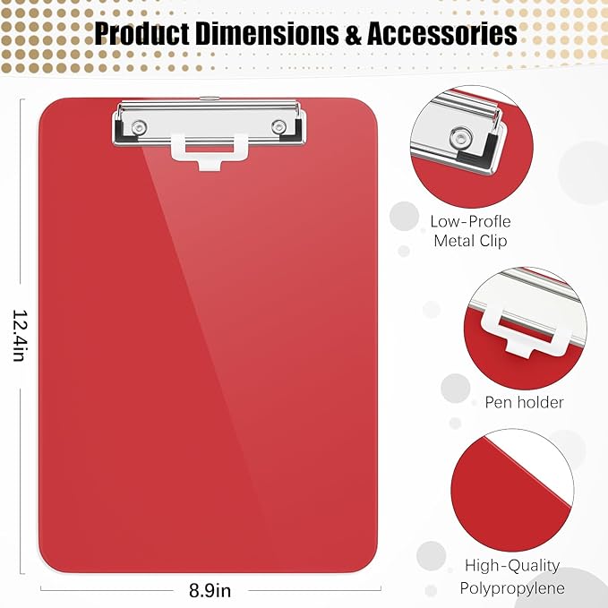 Hongri Plastic Clipboard with Pen Holder, Red 8.5x11 Letter Size Clip Board for Classroom, Office, Students, Nurses and Women, Low Profile Clip, Size 12.5 x 9 in(Pack of 6)
