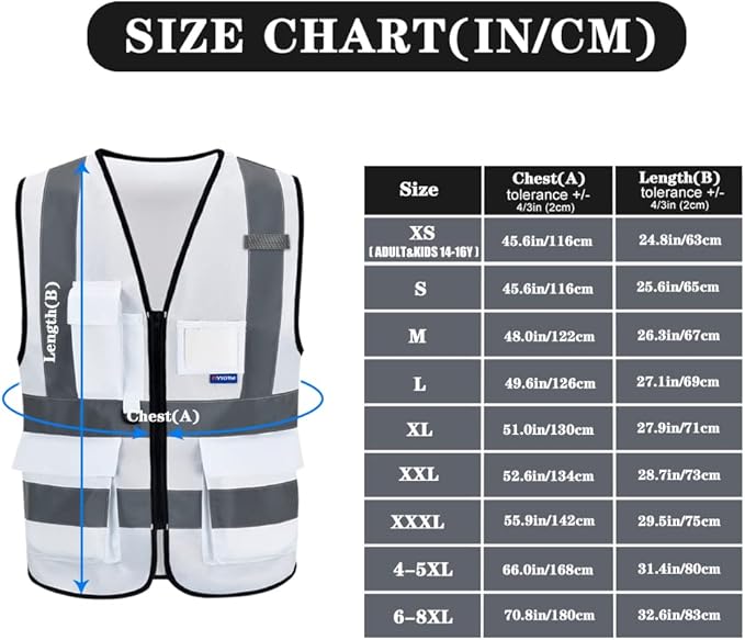 A-SAFETY Hi Reflective Safety Vest,Hi Vis Bright Neon Colors Safety Vest with 4 Reflective Strips 7 Pockets(White M)