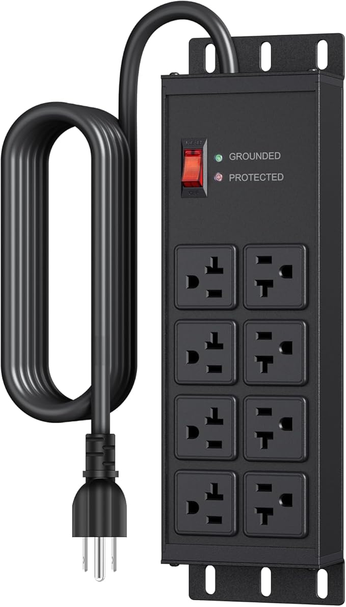 JUNNUJ Heavy Duty 20 Amp Surge Protector 4800J, Garage Metal 8 Outlets 12 Gauge, High Amp 5-15P Adapter Shop 6-20R T-Slot Industrial Outlet, 6 FT Extension Cord Commercial for Appliance