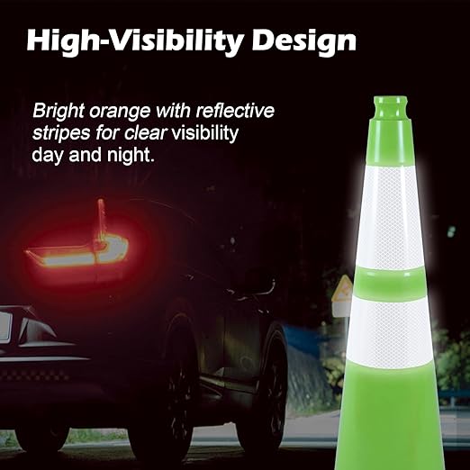 4 Pack 28 Inch Green PVC Traffic Cones Black Base Stable Flexible, Road Safety Construction Zone Crowd Control Safety Cones Outdoor Use (4, Green, 28 Inch)