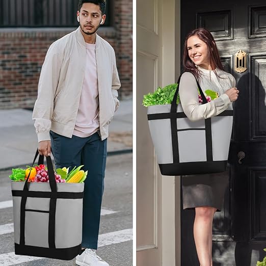 2Pk Insulated Reusable Tote Bag for Grocery Shopping for Women/Men, Pizza/Food Delivery Bag to Keep Food Cold/Hot for Professional Food Carriers, Cooler bags for Travel/Beach/Picnic, Grey