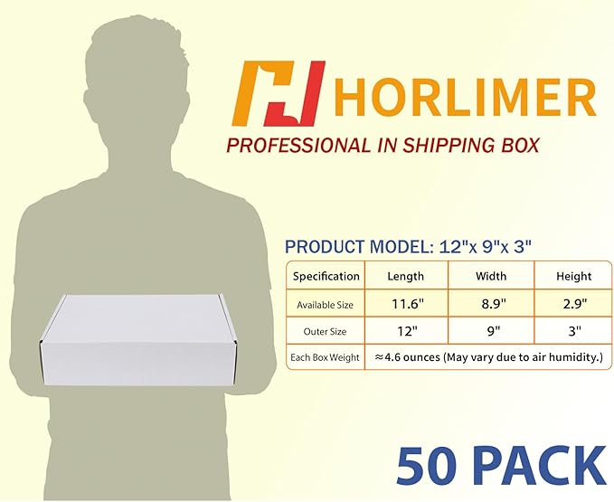 HORLIMER 12x9x3 inches Shipping Boxes Set of 50, White Medium Corrugated Cardboard Box Literature Mailer