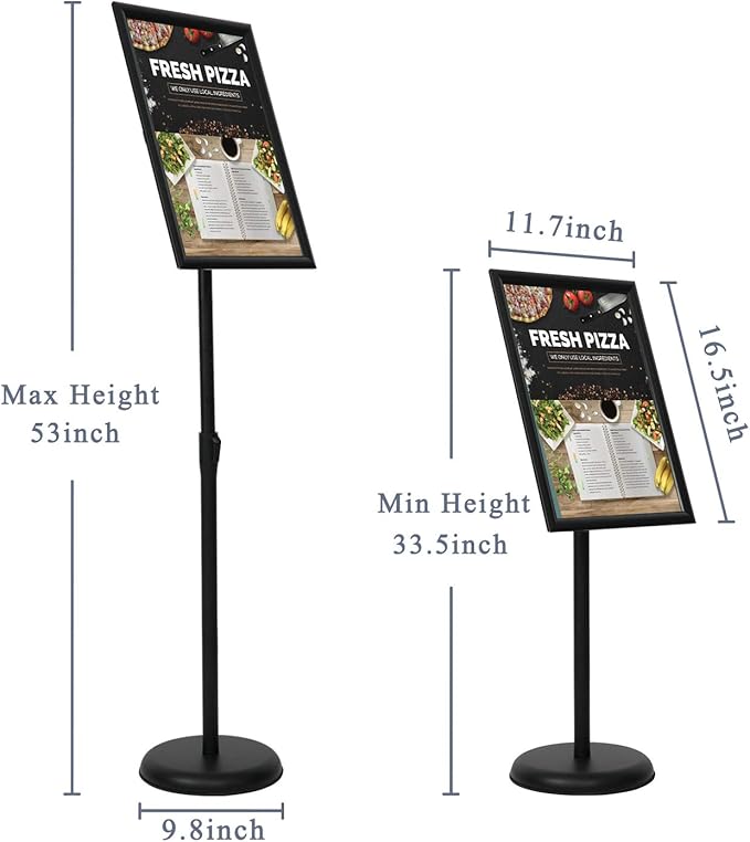11 x 17 Inch Adjustable Pedestal Sign Holder Poster Stand, Heavy Duty Floor Standing Sign Holder Stand Aluminum Snap Open Display Frame for Vertical and Horizontal View Sign Displayed(Black)