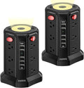 Surge Protector Power Strip Tower with 5 USB Ports and Night Light, 10FT Extension Cord with 12 AC Multiple Outlets, PASSUS Power Tower, Overload Protection for Home Office Dorm Room (2PC-Black)